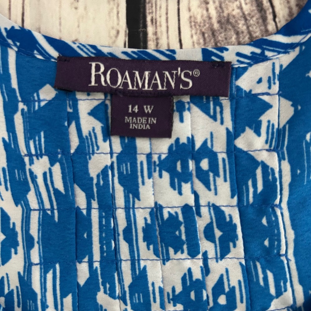 Roaman's Blue White‎ Geometric Tribal Print Sleeveless Tunic Top 14W Flowy - Picture 5 of 8